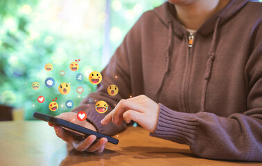 Social media communication technology concept. Woman using live chat smart phone with social media. Digital marketing online, Social network application, Mobile phone app, post, like, follow, share,