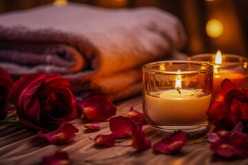 Obraz na płótnie Canvas Tea lights, candle holder, towel and flower petals. Cozy display of lanterns, candlelights, on warm background. Spa, self care or romance concept.