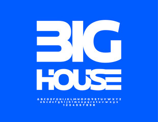 Vector modern banner Big House. White abstract Font, Contemporary style Alphabet Letters and Numbers