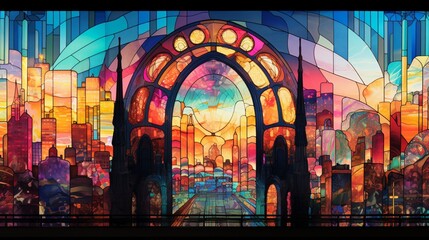 Fototapeta na wymiar Glass-paneled arches soaring high, refracting the city's neon skyline into a mesmerizing mosaic