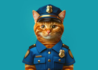 charming orange tabby cat wearing a police uniform with a shiny badge and a cap.