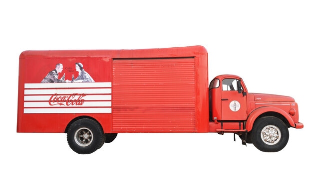 Coca-Cola truck. Old 1953 Volvo Titan truck isolated on a white background. Advertising from the 1950s and 1960s.
