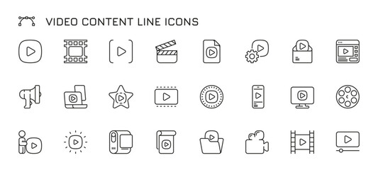 Video content line icons. Web streaming, online video, mobile phone and tablet app multimedia, camera and editing. Vector set. Different gadgets for making movies, blogging isolated symbols