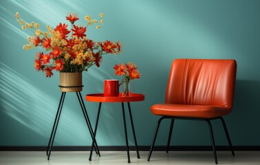 Cozy Reading Nook with Red Leather Chair and Turquoise Wall