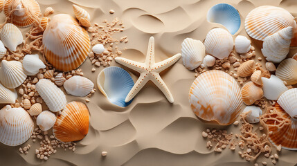 Seabed with different seashells and sea stars, top view