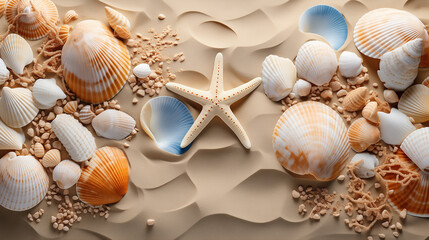 Fototapeta na wymiar Seabed with different seashells and sea stars, top view