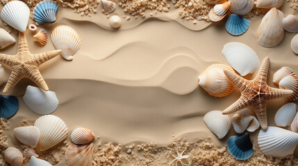 Naklejka na ściany i meble Seabed with different seashells and sea stars, top view