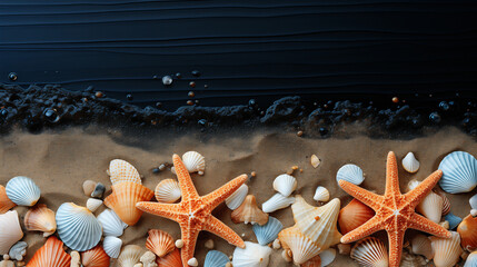 Naklejka na ściany i meble Seabed with different seashells and sea stars, top view