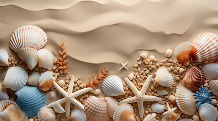 Fototapeta na wymiar Seabed with different seashells and sea stars, top view