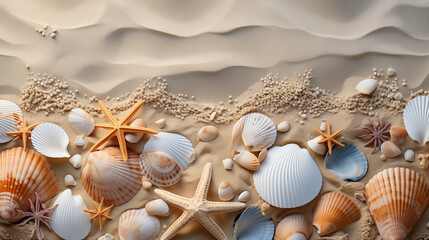 Fototapeta na wymiar Seabed with different seashells and sea stars, top view