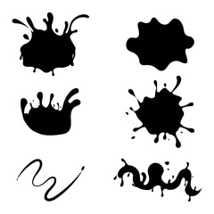 Set of liquid stains, drops and splashes.