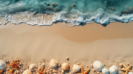 Naklejka na ściany i meble Seabed with different seashells and sea stars, top view