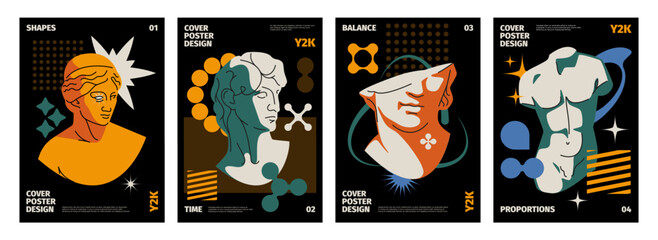 Obraz premium Y2k cover. Abstract modern typography banners with geometric shapes and cosmic elements. Vector 90s retro print design layout. Poster designn with ancient statues and colorful shapes set