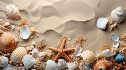 Naklejka na ściany i meble Seabed with different seashells and sea stars, top view