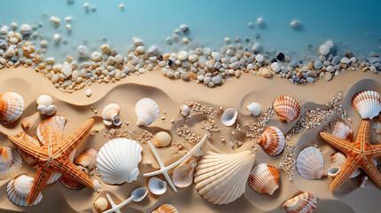 Naklejka na ściany i meble Seabed with different seashells and sea stars, top view