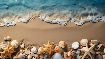 Naklejka na ściany i meble Seabed with different seashells and sea stars, top view