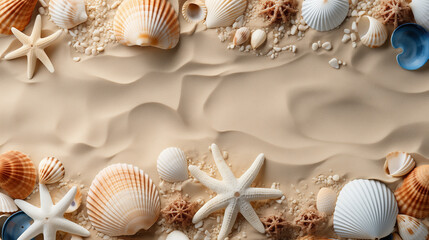 Plakat Seabed with different seashells and sea stars, top view
