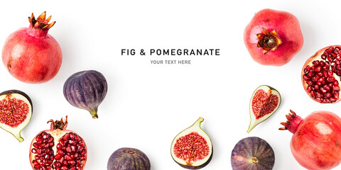 Pomegranate and fig fruits frame border isolated on white background.