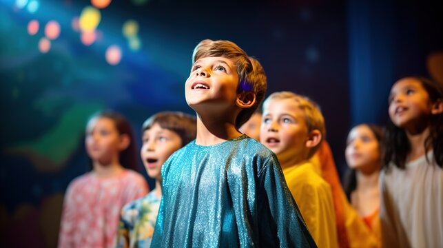 Candid shot of children performing in a community theater production, showcasing their talent and creativity. The image reflects the innocence of young performers