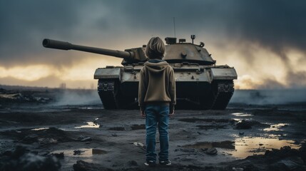 A brave and audacious young boy stands fearlessly before a mighty tank, symbolizing strength, resilience, and fortitude. - obrazy, fototapety, plakaty