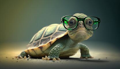 Cute little green turtle wearing glasses. Selective focus. Generative AI,