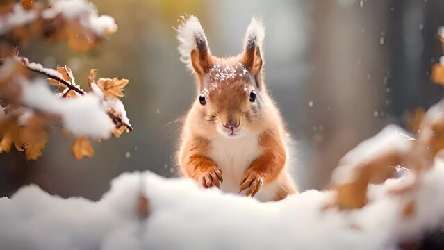 Happy squirrel rejoices in first snow. Autumn snowfall. Ai generated.
