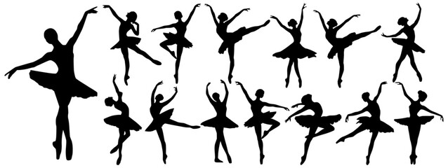 Silhouettes of a ballet dancer dancing in various poses and positions eps 10 - obrazy, fototapety, plakaty
