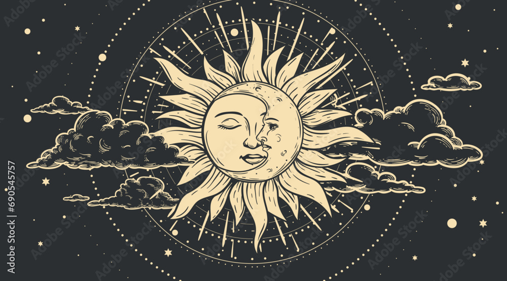 Wall mural magical celestial design template for astrology, divination, etc. hand drawn sketch style sun face, 