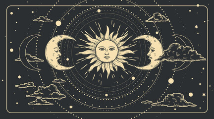 Magical celestial design template for astrology, divination, etc. Hand drawn sketch style sun face, crescent moon in retro esoteric style. Vector illustration.