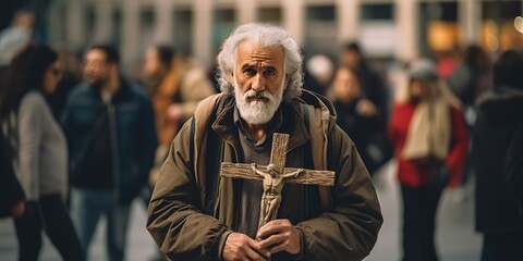 an old man walking on city street holding cross during Good Friday, Generative Ai
