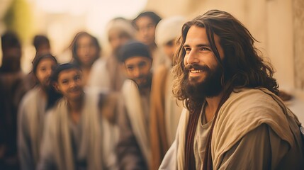 a man dress up as Jesus Christ walking in town among people, Christian and Catholic believe theme...