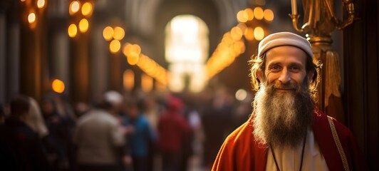 an Islamic imam in mosque with bokeh light full of people praying to Allah, Generative Ai - obrazy, fototapety, plakaty