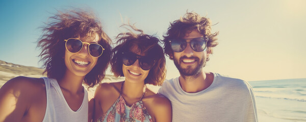 Happy group of three young people taking selfie and smiling at the camera at summer vacation close to the beach. Traveling and having fun together on summer holiday. - obrazy, fototapety, plakaty