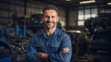 Portrait of a skilled auto mechanic smiling, with a garage and automotive tools in the background - obrazy, fototapety, plakaty