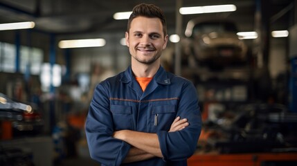 Fototapeta premium Portrait of a skilled auto mechanic smiling, with a garage and automotive tools in the background