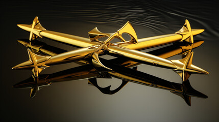 Crossed gold tridents on reflective surface