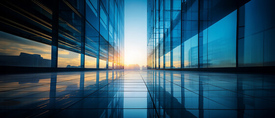 Modern futuristic cityscape. Passage, view between tall buildings, towers, skyscrapers with reflecting windows, all glass walls in sunrise or sunset. Wide scale image.