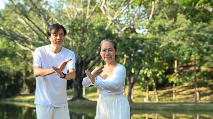 Happy mature people practicing traditional Tai Chi Chuan outdoor near lake at sunset in summer park