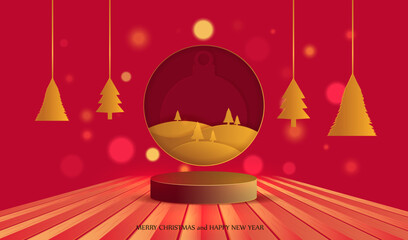 Merry Christmas vector. Red background with podium, christmas gold landscape, trees and wooden floor. Holiday x-mas card. Stage for display or present sale or gift product design.
