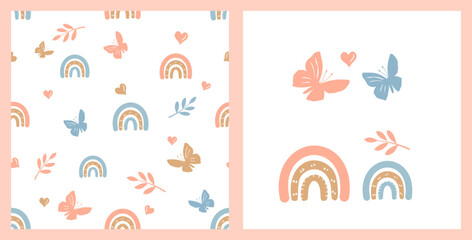 Seamless pattern with orange gold rainbow, butterfly cartoons and hearts on white backgrounds vector illustration. Cute childish print.