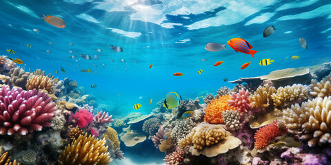 Vibrant coral reef with tropical fish and clear blue water. 