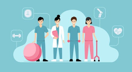 Rehabilitations team in healthcare industry. PM&R doctor, Physiotherapists, Nurse, Physiotherapist assistant. Character flat design. Vector illustration - obrazy, fototapety, plakaty