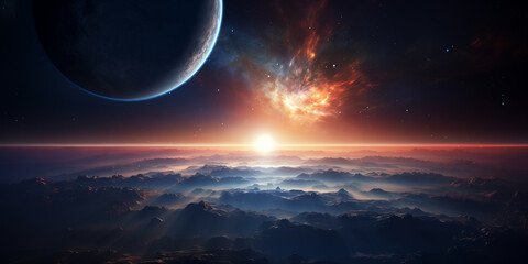 A space-themed image with the Earth and the sun rising, leaving room for text. - obrazy, fototapety, plakaty