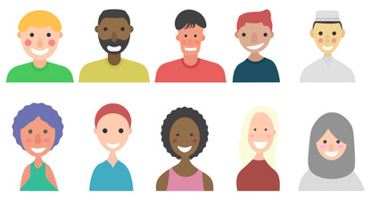 A set of brightly smiling characters showcasing gender diversity. Various races and skin colors Vector illustration