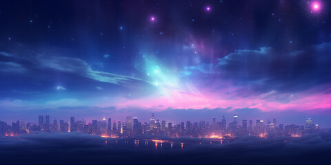 Create a dreamy abstract background with a defocused city skyline under a starlit night. 