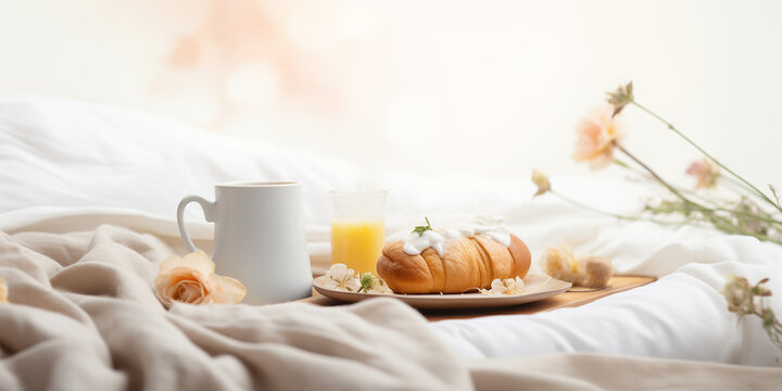 Craft an abstract background with defocused images of a lovingly prepared Mother's Day breakfast in bed.