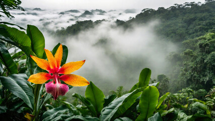 Flower in spring tropical rainforest, clouds over a wet forest, plant growth and environmental protection concept, wild jungle, springtime