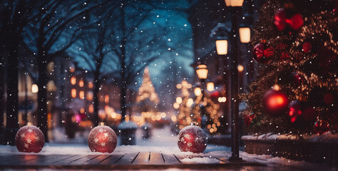 bordure en bois avec des boules de noël rouge en premier plan, fond festif d'une ville enneigée et décorée pour les fêtes de fin d'année avec un sapin illuminé.