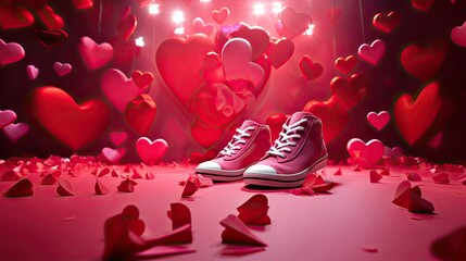 A lively Valentine's Day dance floor scene with paper hearts and red shoes. 