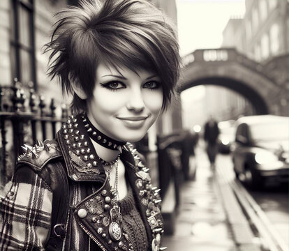 Joven mujer punk sonriendo en calles brit&aacute;nicas. Blanco y negro
